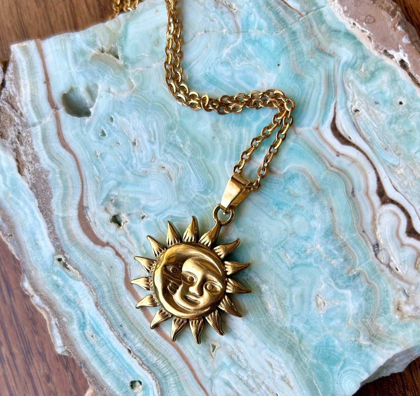 Sun and Moon Face Gold Charm Necklace