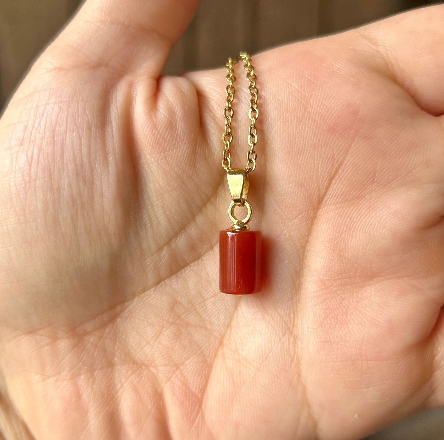 Carnelian Gold Cylinder Pendant Necklace