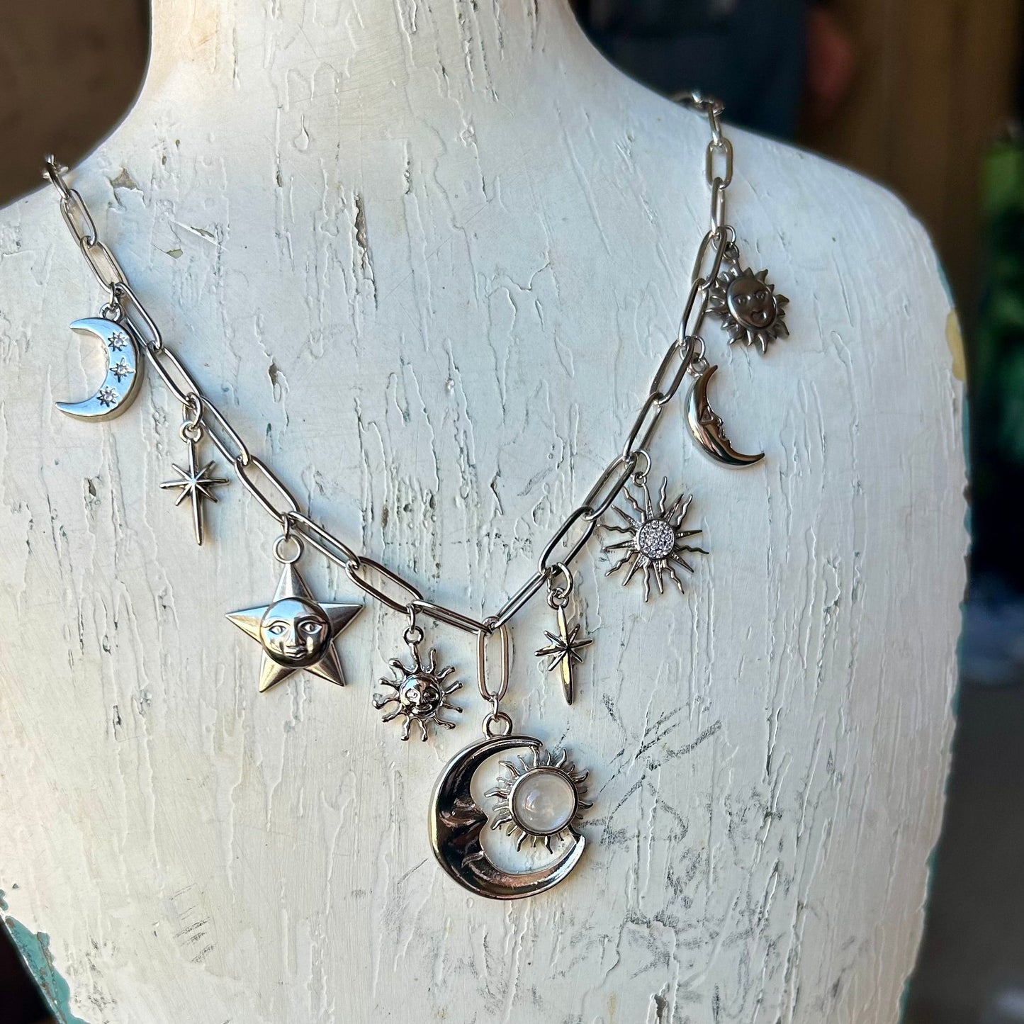 Moonstone Celestial Silver Charm Necklace