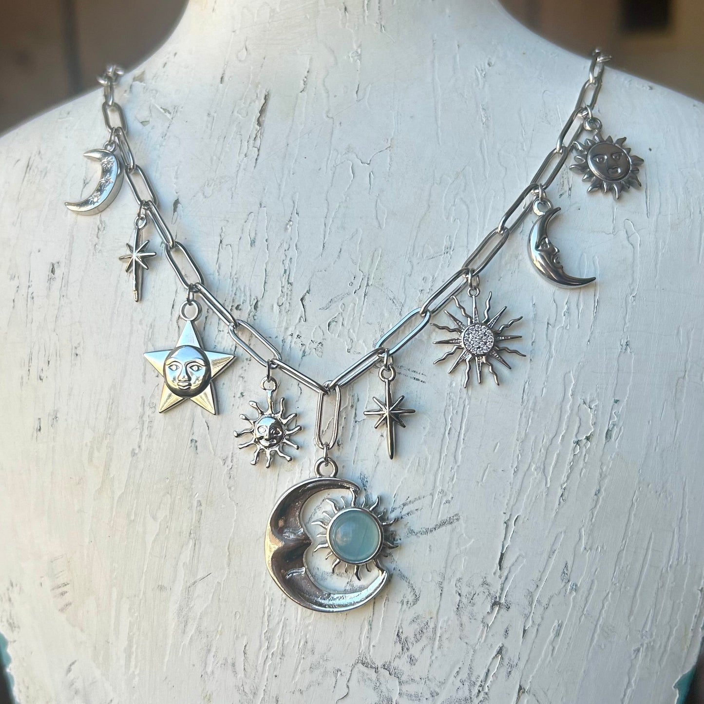Aquamarine Celestial Silver Charm Necklace