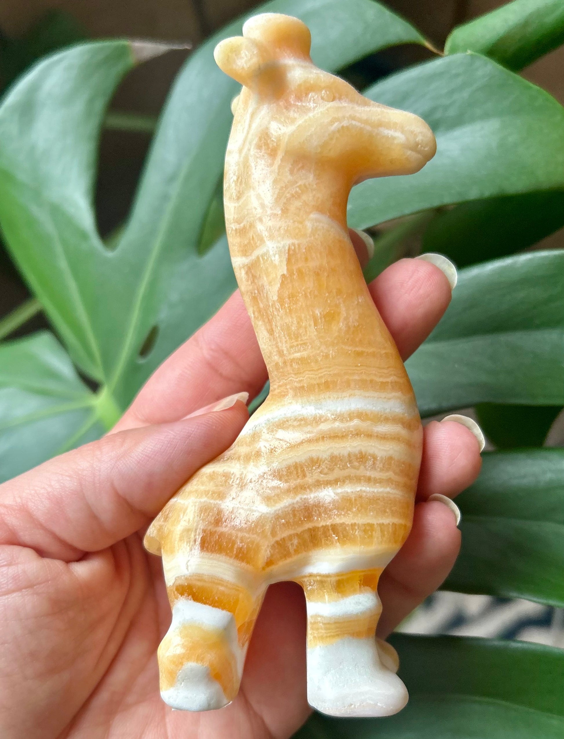 Hand holding a stone giraffe figurine with green leaves in the background