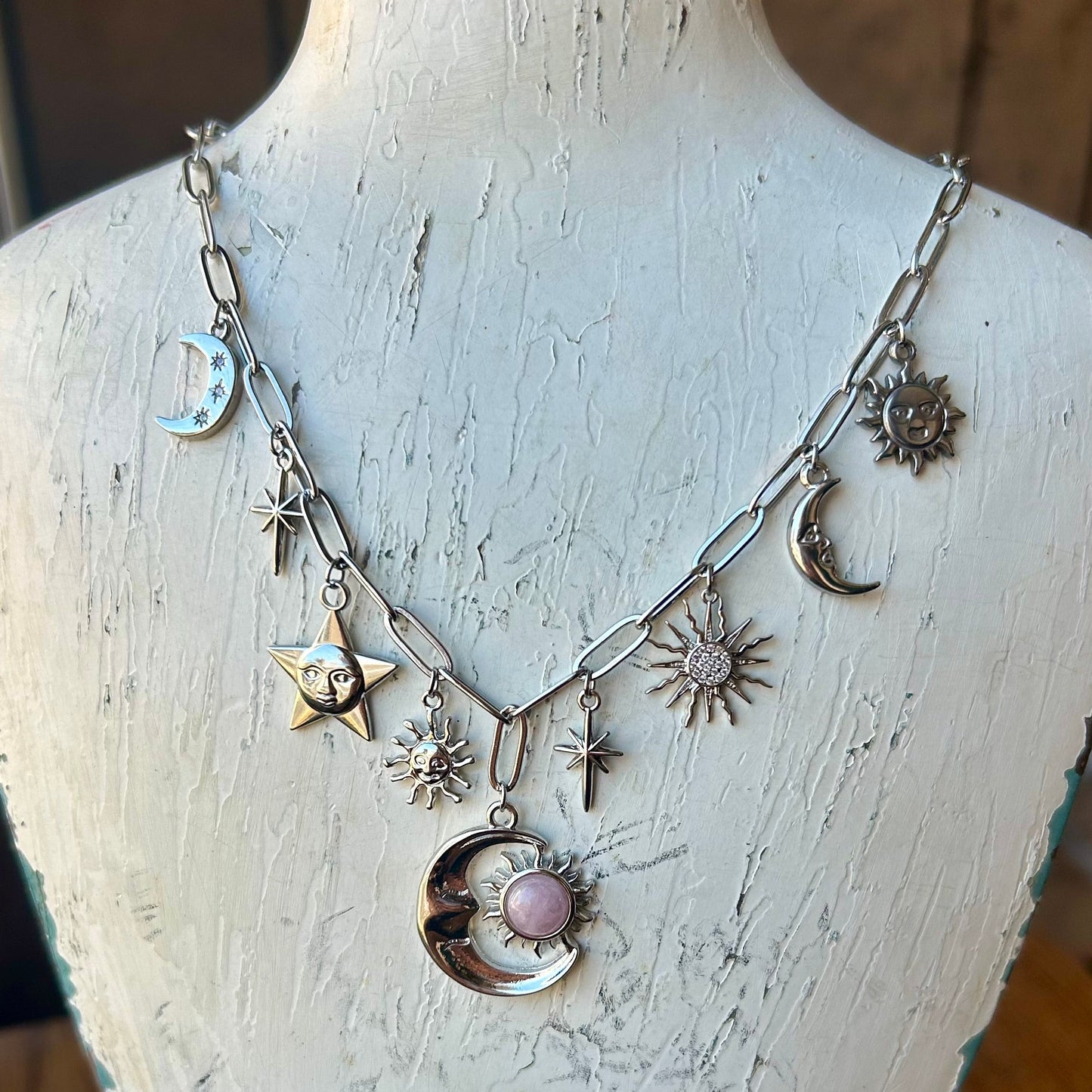 Kunzite Celestial Silver Charm Necklace