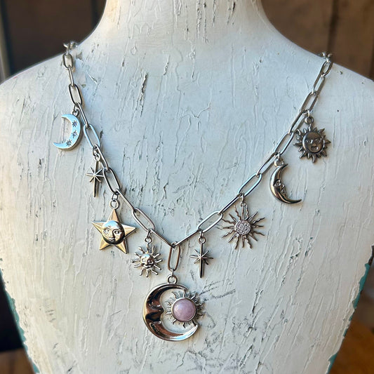 Kunzite Celestial Silver Charm Necklace