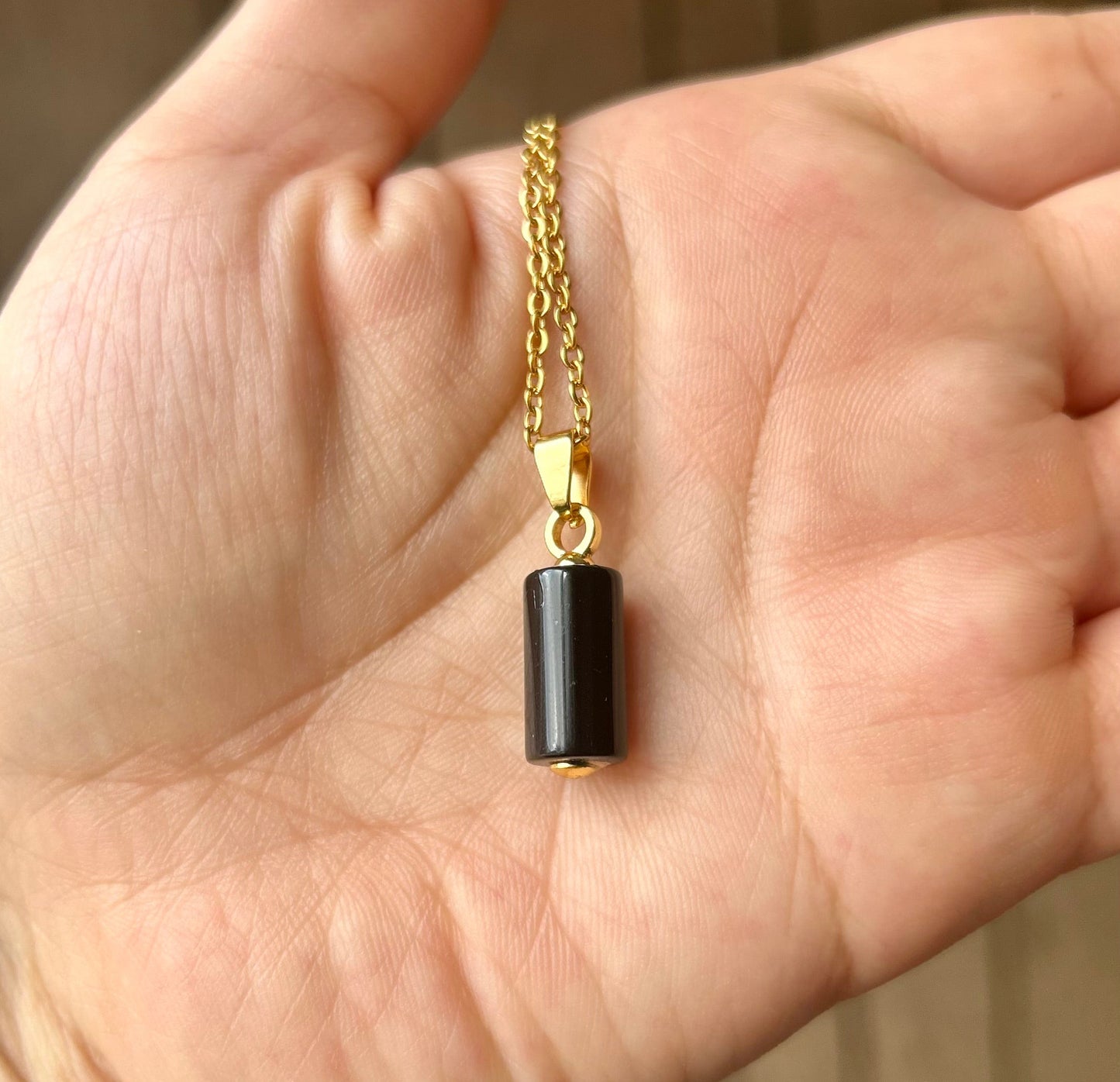Black Onyx Gold Cylinder Pendant Necklace