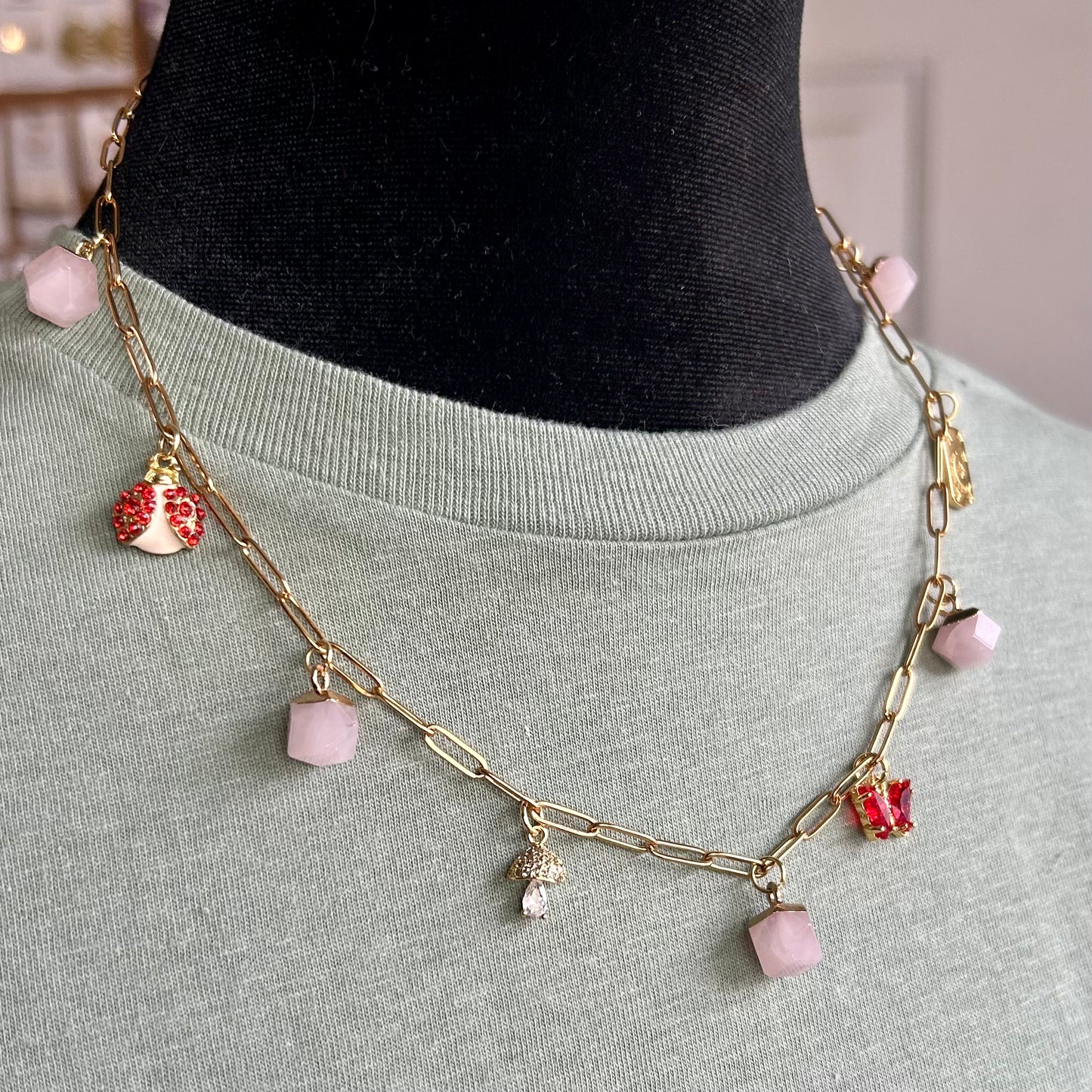 Dainty Rose Quartz Gold Charm Necklace