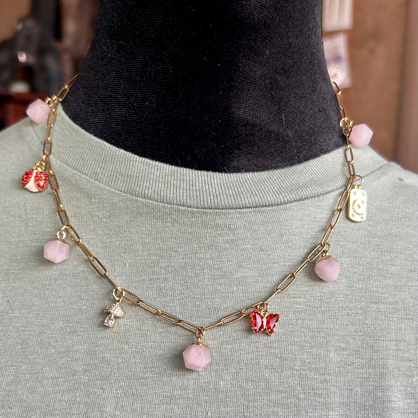 Dainty Rose Quartz Gold Charm Necklace