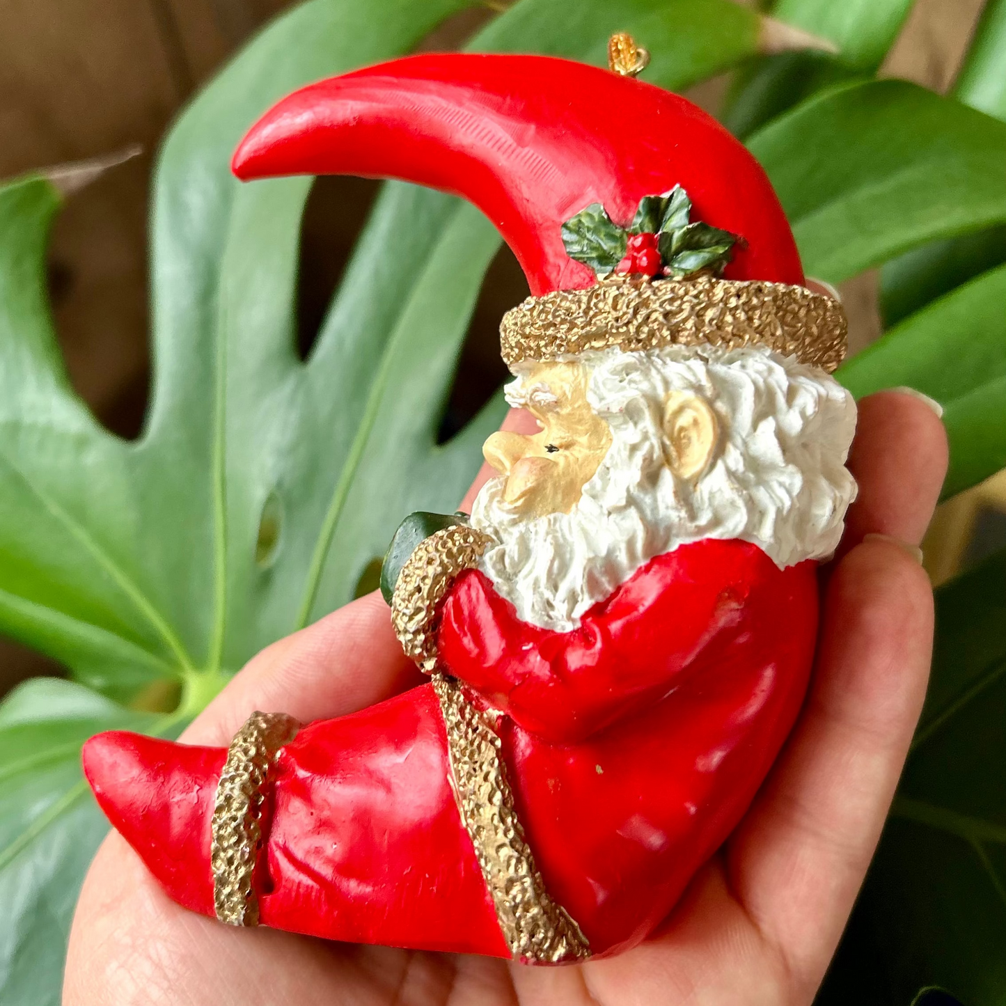 Red and white Santa Claus figurine held in a hand with green leaves in the background