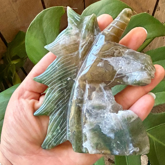 Hand holding a green stone with a natural pattern against a blurred background