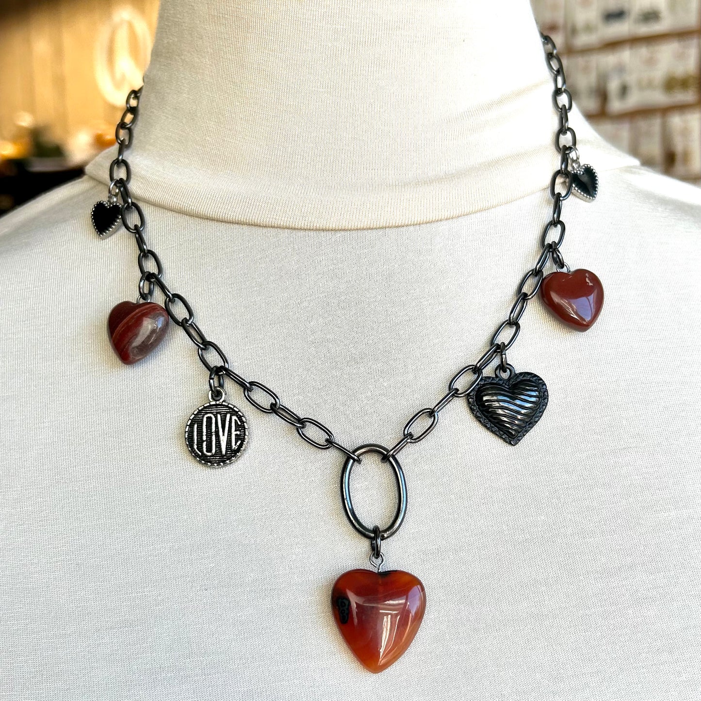 Carnelian and Red Jasper Heart Charmed Necklace
