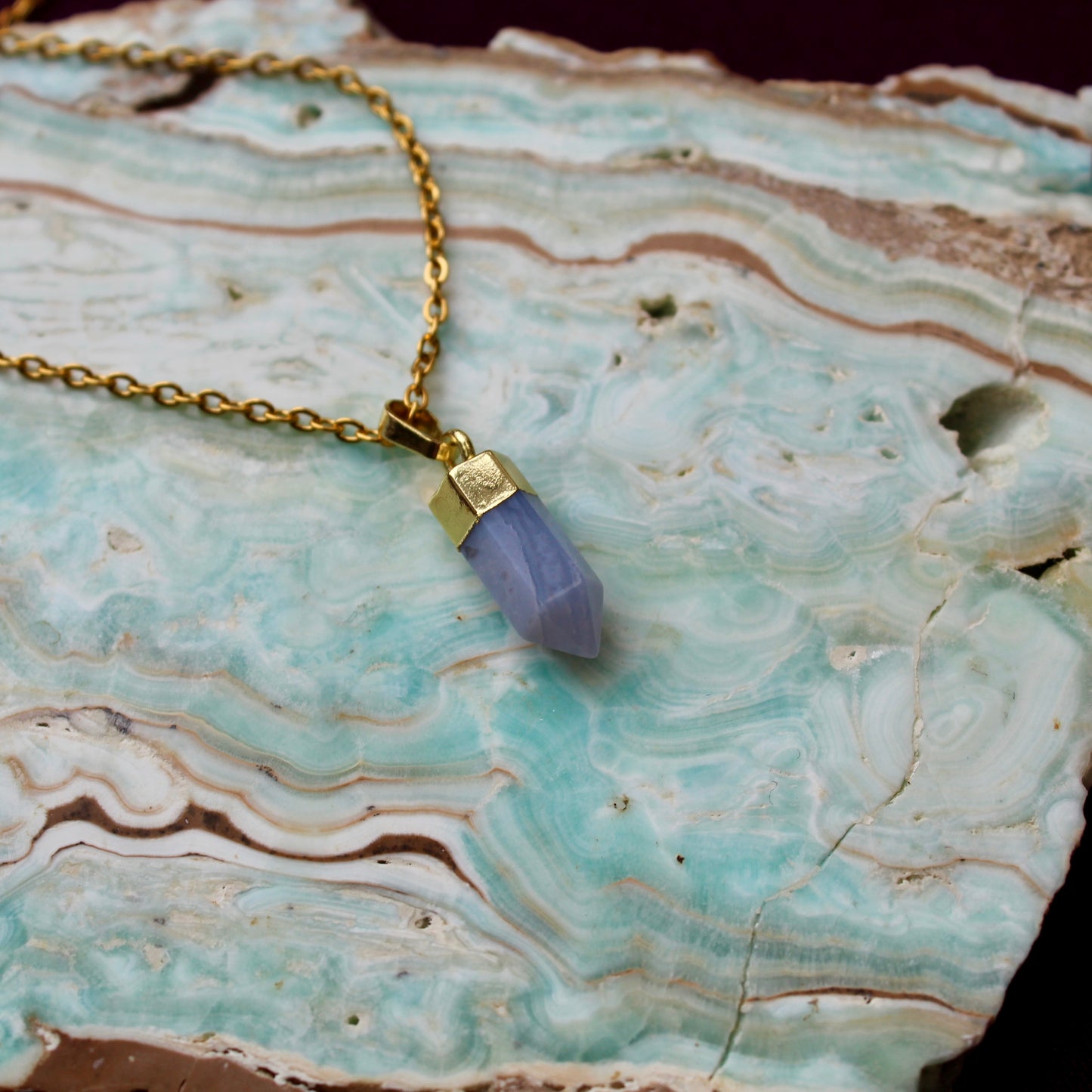 Blue Lace Agate Gold Pendant Necklace