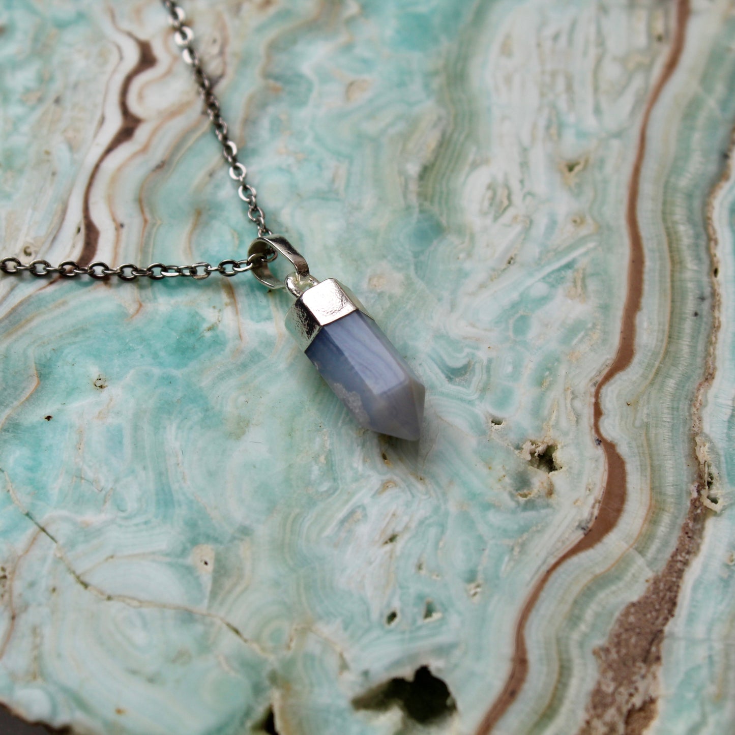 Blue Lace Agate Silver Pendant Necklace
