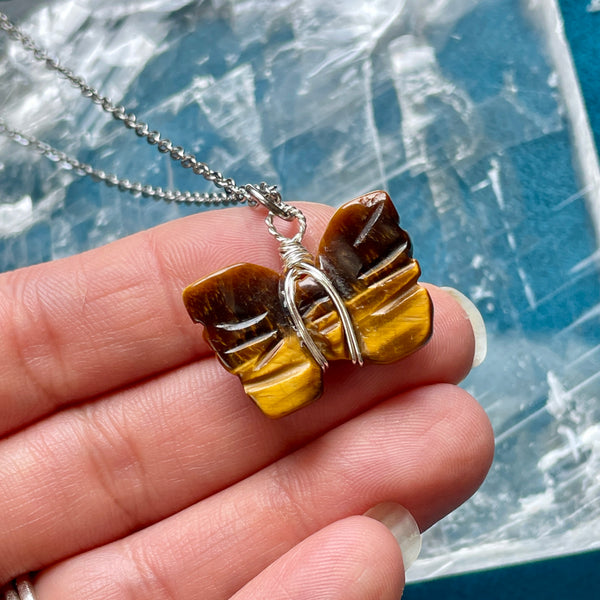 Tiger's Eye Butterfly Pendant Necklace