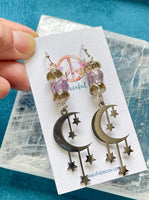 Smoky Quartz and Amethyst Dangling Moon Earrings
