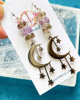 Smoky Quartz and Amethyst Dangling Moon Earrings