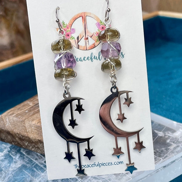 Smoky Quartz and Amethyst Dangling Moon Earrings