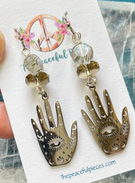 Smoky Quartz and Garden Quartz Dangling Palmistry Earrings
