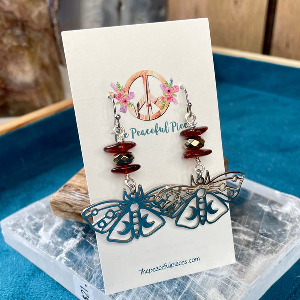 Amber and Pyrite Moth Dangling Earrings
