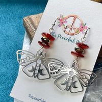 Amber and Pyrite Moth Dangling Earrings