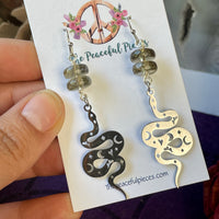 Smoky Quartz Snake Moon Phase Dangling Earrings