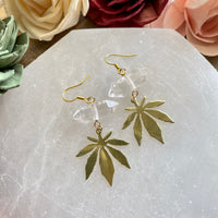 Clear Quartz Dangling Marijuana Leaf Earrings