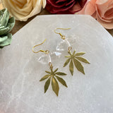 Clear Quartz Dangling Marijuana Leaf Earrings