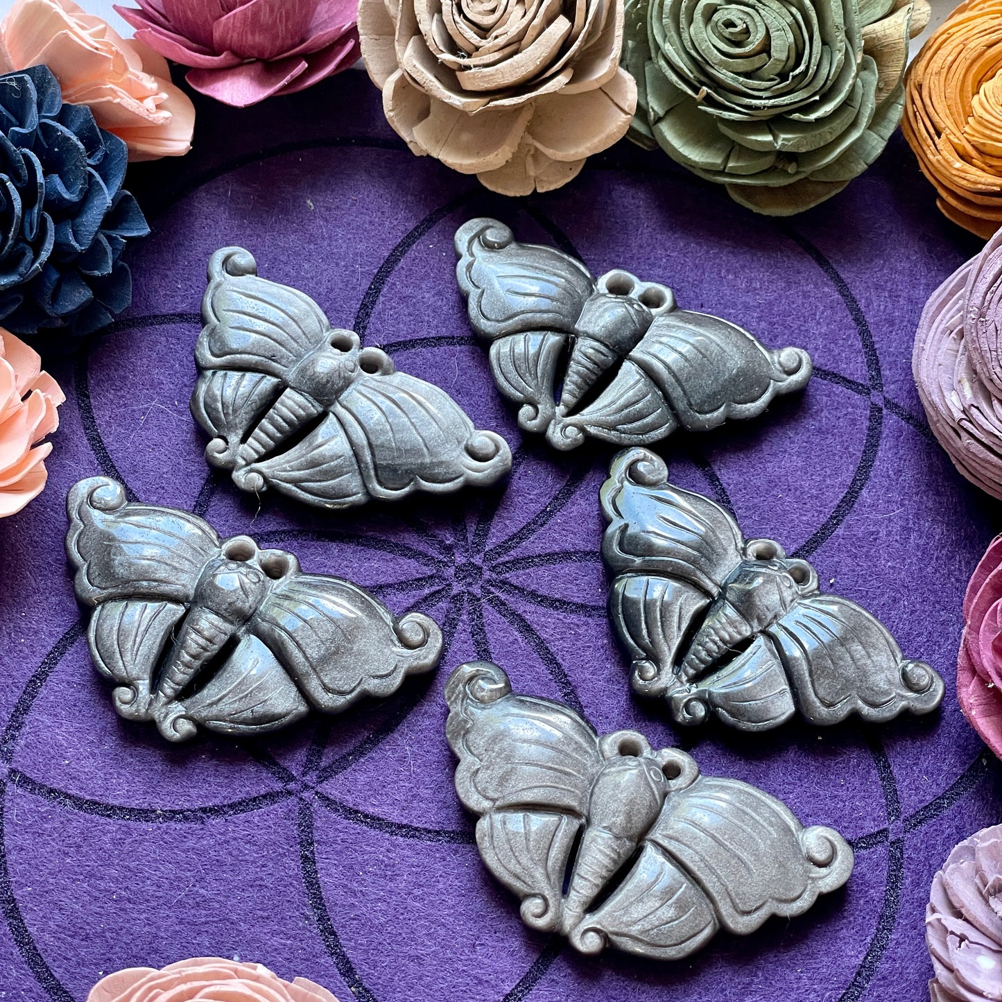 Silver Sheen Obsidian Moth Carving