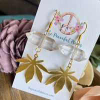 Clear Quartz Dangling Marijuana Leaf Earrings