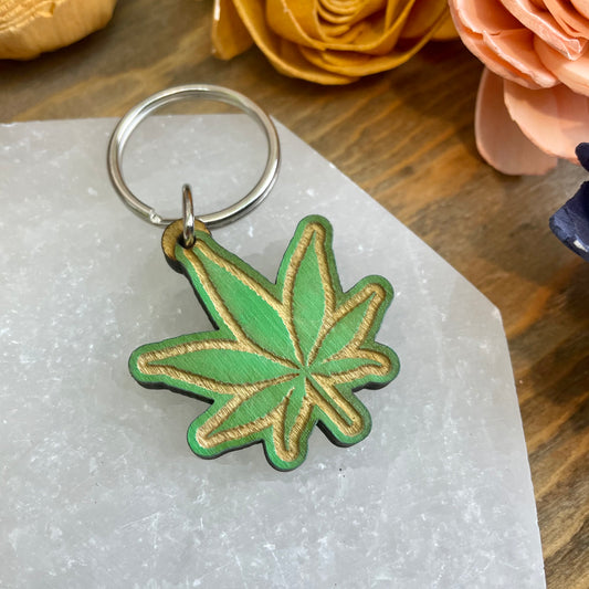 Hemp Leaf Wood Keychain