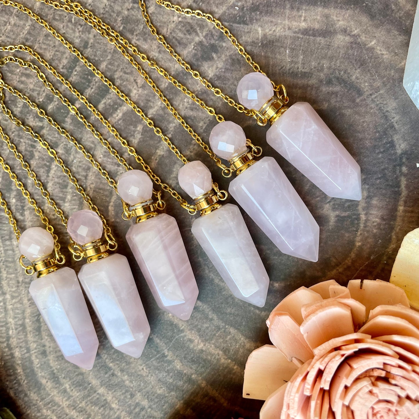 Rose Quartz Essential Oil Bottle Necklace