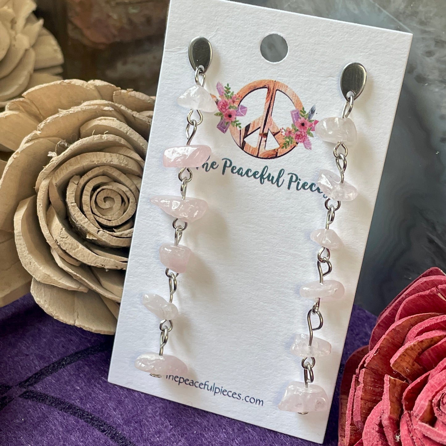 Dangling Rose Quartz Chip Earrings