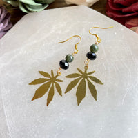 Green Jade Dangling Marijuana Leaf Earrings