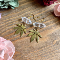 Clear Quartz Dangling Marijuana Leaf Earrings