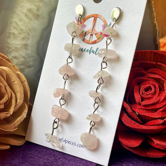 Dangling Rose Quartz Chip Earrings