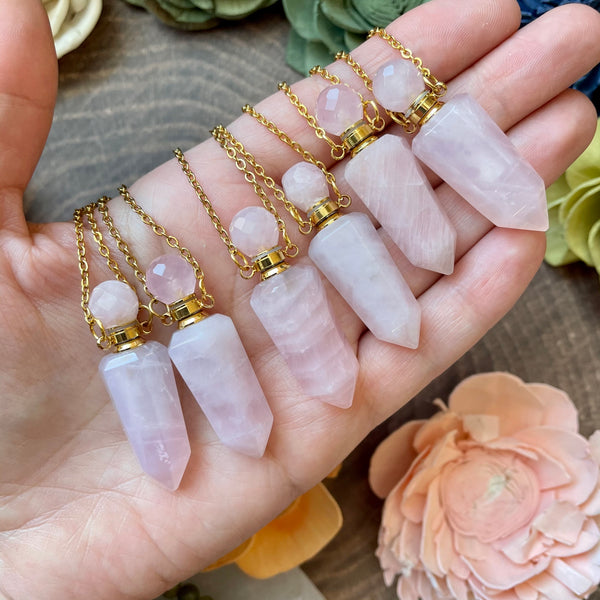 Rose Quartz Essential Oil Bottle Necklace