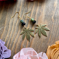 Green Jade Dangling Marijuana Leaf Earrings