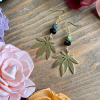 Green Jade Dangling Marijuana Leaf Earrings