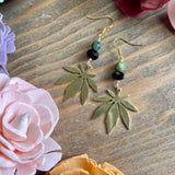 Green Jade Dangling Marijuana Leaf Earrings