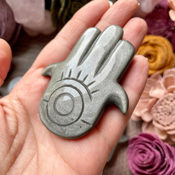 Silver Sheen Obsidian Hamsa hand Carving