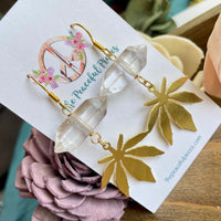 Clear Quartz Dangling Marijuana Leaf Earrings