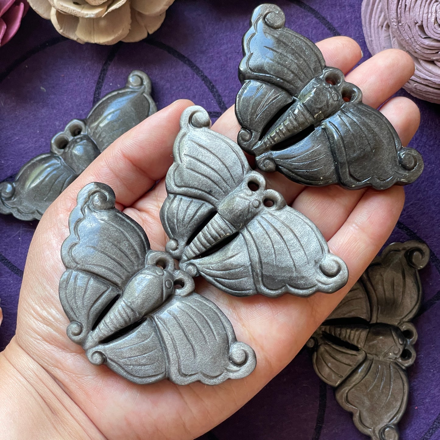Silver Sheen Obsidian Moth Carving
